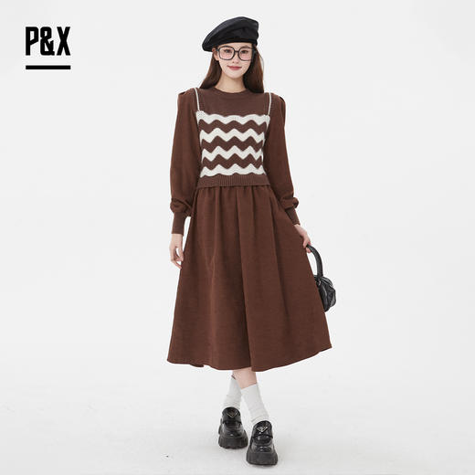 P&X设计师女装新款梭织撞色过膝连衣长裙825108093 咖色 商品图1