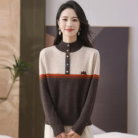 CC-101-35459拼色羊毛针织衫女秋冬新款韩版宽松时尚百搭拼色保暖毛衣打底衫厚