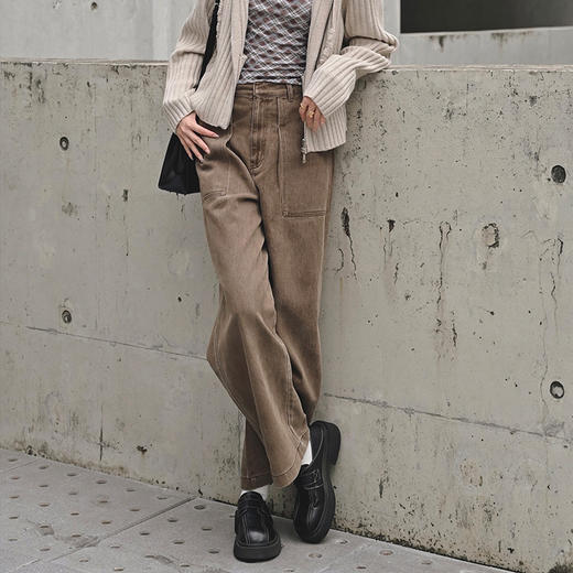 【顺丰包邮】35043 洛诗琳复古水染咖棉质阔腿直筒腰带牛仔裤658 商品图0