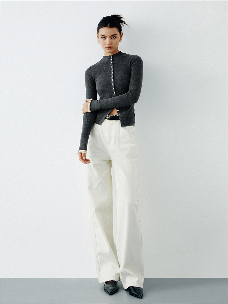 TR她热 神仙裤 白色水洗加绒直筒显瘦设计感基础款中高腰牛仔裤