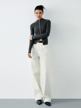 TR她热 神仙裤 白色水洗加绒直筒显瘦设计感基础款中高腰牛仔裤