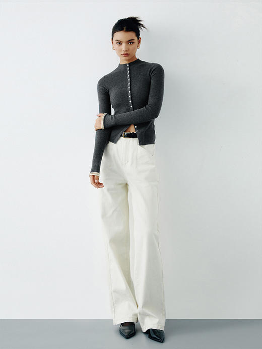 TR她热 神仙裤 白色水洗加绒直筒显瘦设计感基础款中高腰牛仔裤 商品图0