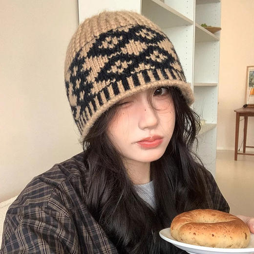 复古菱格针织毛线帽女 冬季针织帽显脸小 保暖防寒 商品图6