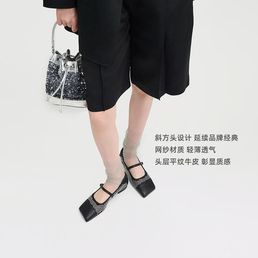 lost in echo2025春夏新款斜方头烫钻网纱玛丽珍平底芭蕾舞鞋单鞋 商品图2