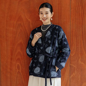 绽放850朵/轻古典中式风细条灯芯绒全棉印花v领夹棉短外套棉袄