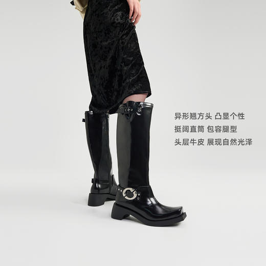 lost in echo2024秋冬新款时尚牛皮方头扣饰直筒机车靴子长筒靴女 商品图2