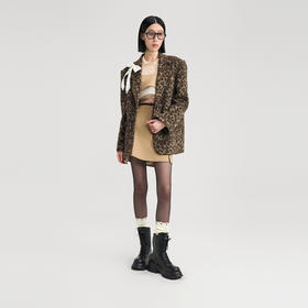 lost in echo2024冬季新款豹纹翻领毛呢外套日本进口羊毛西装大衣