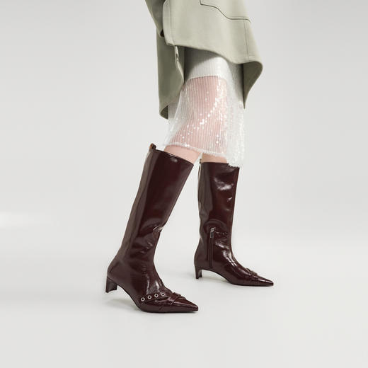 lost in echo2024秋冬新款猫跟尖头气眼条带低跟长靴高筒靴子女 商品图4