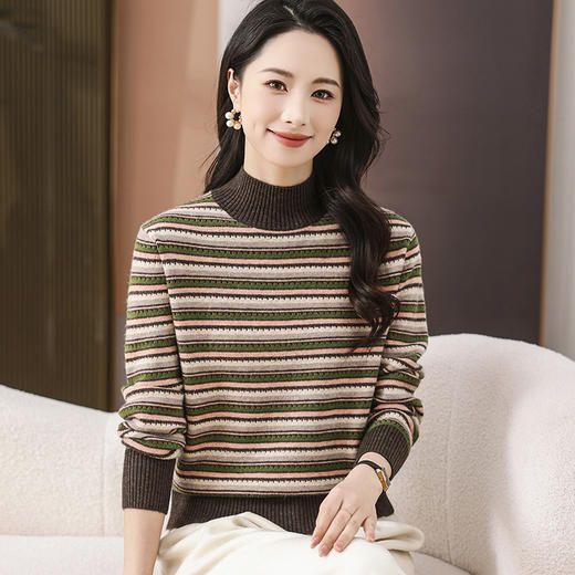 CC-101-35460秋冬新款羊毛针织衫复古洋气条纹半高领显瘦毛衣女提花打底衫批发 商品图2