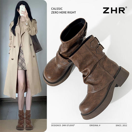 ZHR则则时尚堆堆靴西部小短靴2024新款秋冬百搭女靴ins加绒马丁靴 商品图1