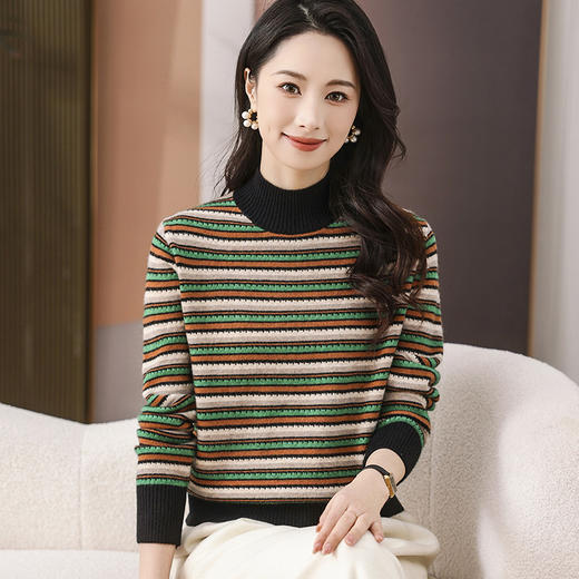 CC-101-35460秋冬新款羊毛针织衫复古洋气条纹半高领显瘦毛衣女提花打底衫批发 商品图1