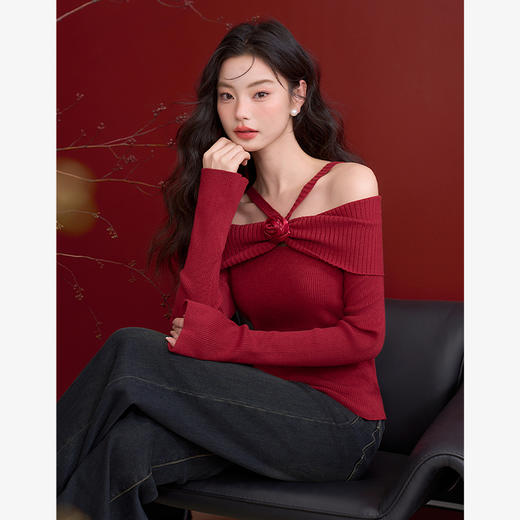 法式浪漫复古设计感立体玫瑰针织衫女高弹软糯毛衣V0150044 商品图4