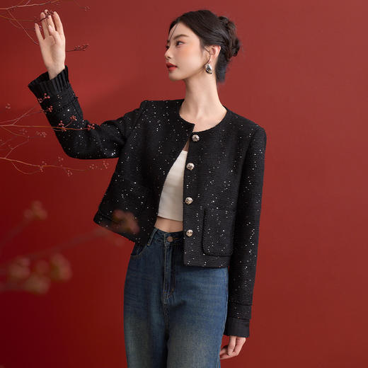 名媛千金风亮片细闪小香风外套女毛边圆领上衣V0150151 商品图2