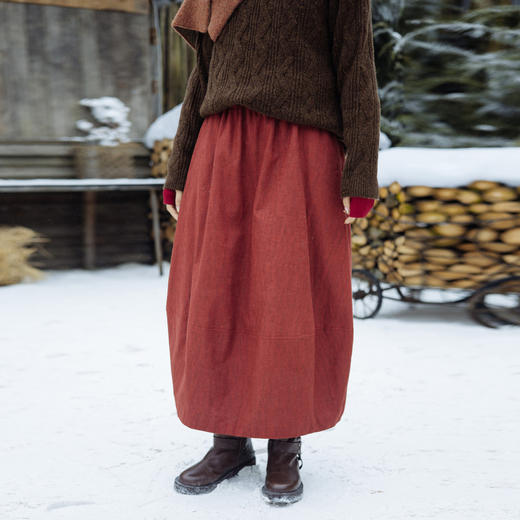 绽放830朵/秋冬亚麻棉脏染松紧腰铺棉花苞半裙百搭复古文艺中长裙 商品图0