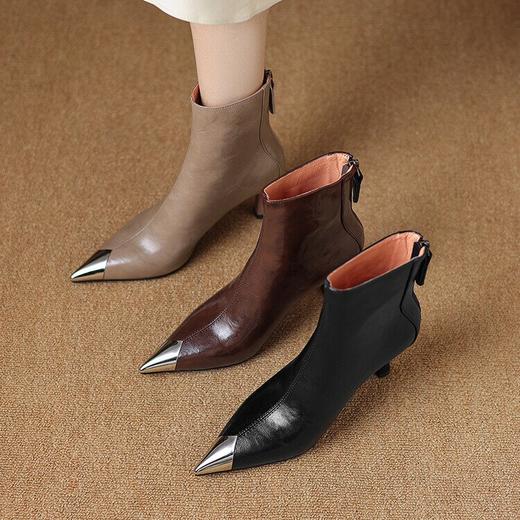 【预售5天】防踢铁头优雅干练牛皮高跟瘦瘦靴细跟金属尖头拼色真皮短靴女SLLK&sl-7791 商品图1