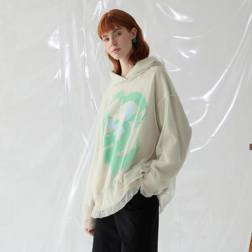 谜底连帽卫衣长袖女2025春新品双层拼接网纱设计感印花251MV0120 商品图1