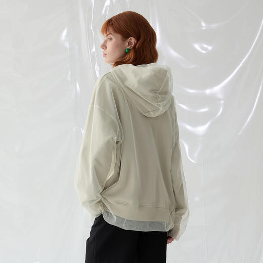 谜底连帽卫衣长袖女2025春新品双层拼接网纱设计感印花251MV0120 商品图2