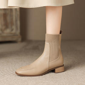 【预售5天】法式弹力袜靴女粗跟气质针织方头短靴新款拼接杏色中跟靴子DPJ&9671