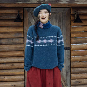 绽放旅行女装825朵/秋冬羊驼羊毛经典圆领撞色提花保暖套头毛衣