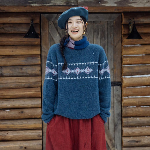 绽放旅行女装825朵/秋冬羊驼羊毛经典圆领撞色提花保暖套头毛衣 商品图0