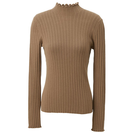 【抗起球】三彩2025冬季新款纯色坑条针织衫木耳边半高领修身打底内搭简约女 商品图4