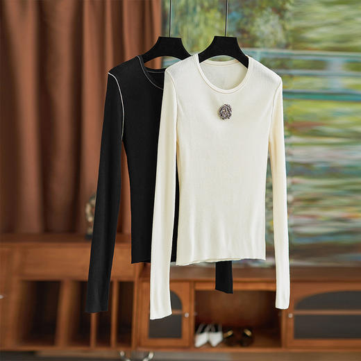 【高货wl】全新升级【铂金会员183/天猫249/差价66】(02920) 洛诗琳时尚优雅圆领山茶花修身针织衫上衣女春秋打底衫 商品图0