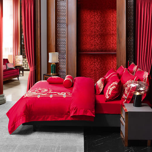 雅芳婷婚庆系列结婚九件套全棉被单床单双人红色刺绣连芯扣套件 商品图1