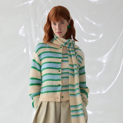 谜底条纹针织衫开衫2025春季新品设计感撞色圆领毛衣女251MZ0393 商品图0
