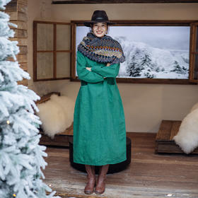 绽放旅行女装853朵/闲适连衣裙秋冬色织亚麻圆领长袖茧型显瘦裙子