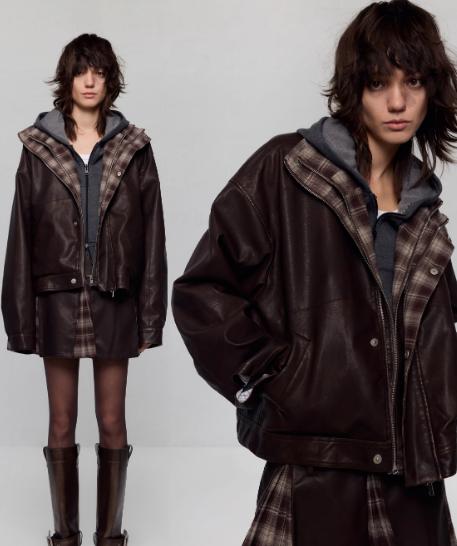 出逃赤岗西/24AWW127/复古格纹拼接双高领做旧哑光PU皮夹克 商品图0