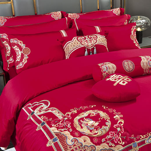 雅芳婷婚庆系列结婚九件套全棉被单床单双人红色刺绣连芯扣套件 商品图3