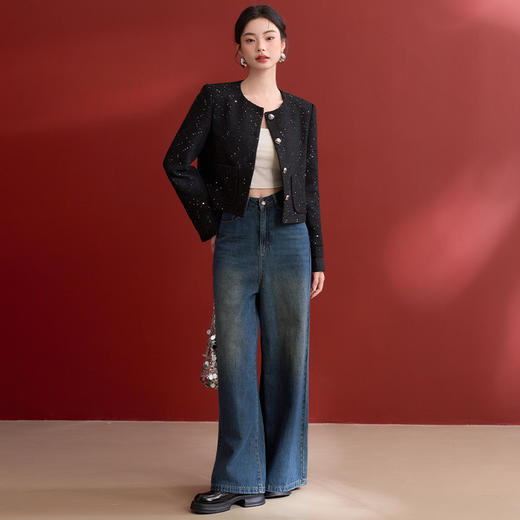 名媛千金风亮片细闪小香风外套女毛边圆领上衣V0150151 商品图1