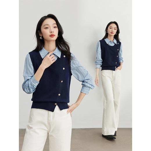 【五折购】熙世界设计感假两件条纹衬衫POLO领拼接针织上衣2025春秋新款 商品图2