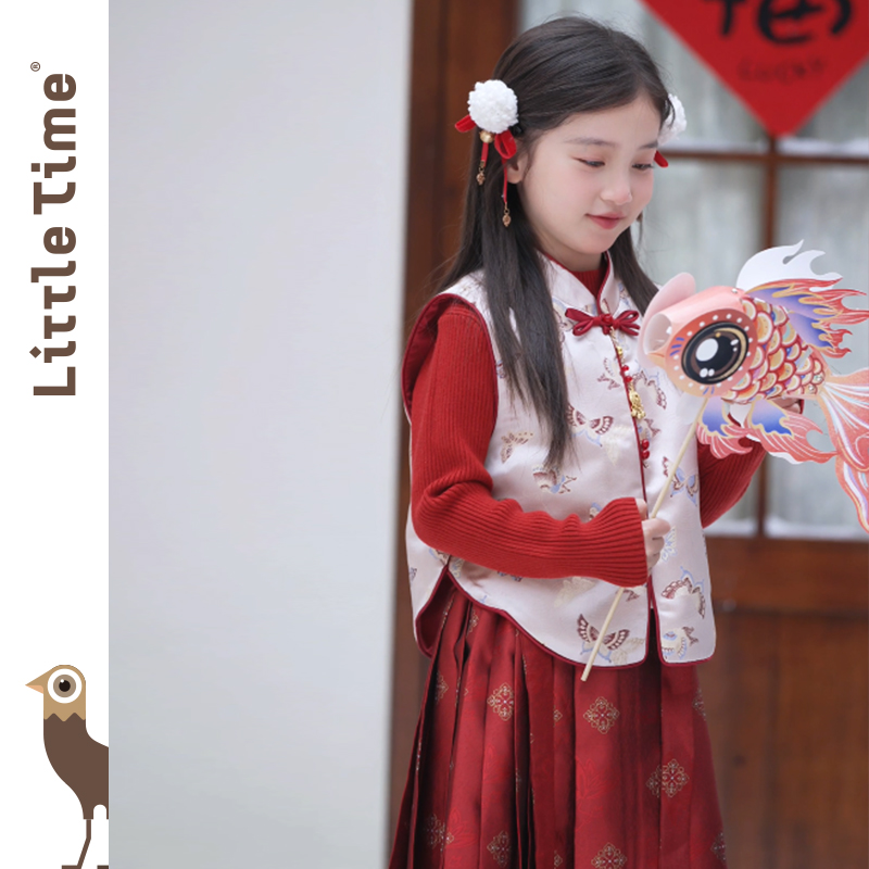littletime中国风女童套装2024新款秋冬红色汉服新中式年服三件套