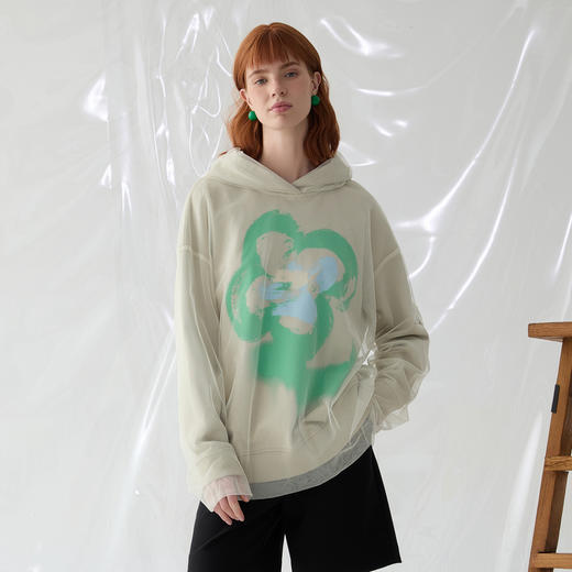 谜底连帽卫衣长袖女2025春新品双层拼接网纱设计感印花251MV0120 商品图0