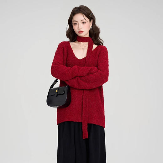 （赠围脖飘带）高级感红色V领毛衣两件套 | 软糯圈圈纱 慵懒显瘦 显白衬肤 宽松长袖针织衫 商品图1