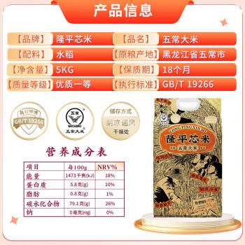 隆平芯米五常大米10斤 稻花香2号 当季新米 东北大米 粳米 25年现磨鲜装 /粮油调味 /米 /稻花香米 商品图0