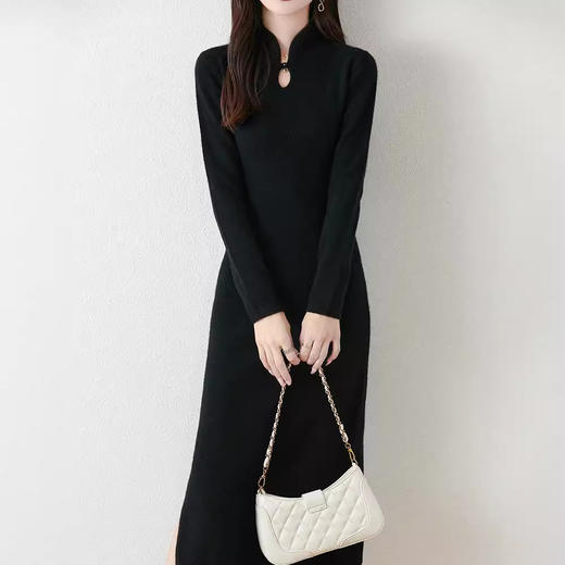 新中式气质国风，时尚开叉打底长裙纯羊毛针织连衣裙Y2470 商品图2