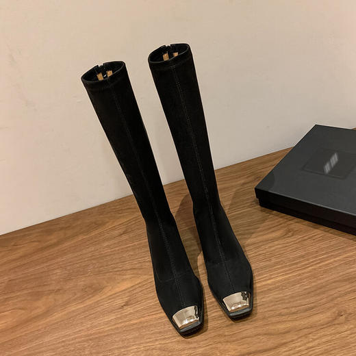 【预售7天】铁头粗跟弹力长筒靴秋冬新款女靴韩版时尚后拉链高筒靴单靴SLLK&sl-7775 商品图0