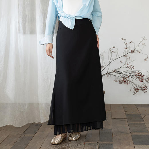 【林栖设计小店】黑色拼真丝半身裙新中式显瘦高腰百搭秋冬新品裙子女1933167 商品图1