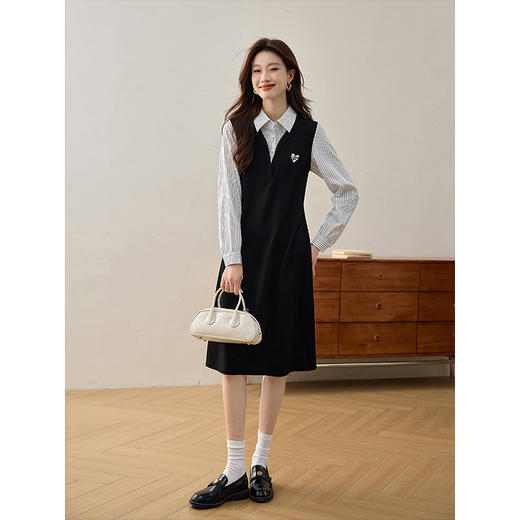 【 1件75折】熙世界2025春新款假两件条纹衬衫领连衣裙女长袖学院风中长裙子 商品图4