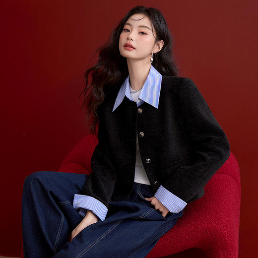 设计感拼接可拆卸条纹衣领假两件外套女通勤风上衣V0250015 商品图0