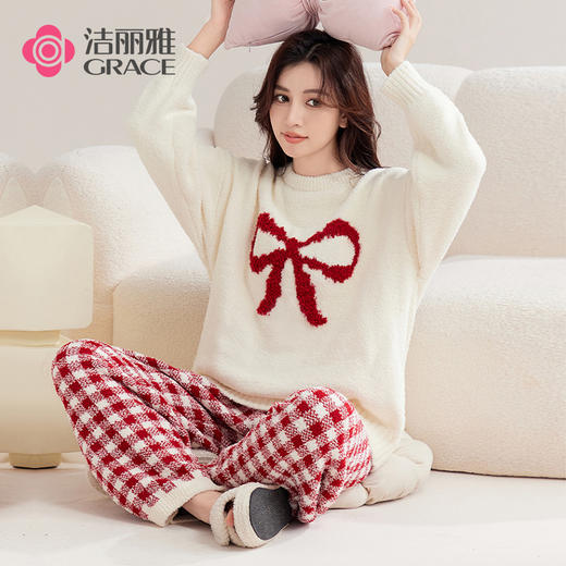 洁丽雅秋冬半边绒女睡衣甜美蝴蝶结长绒保暖柔软舒适家居服套装女 商品图2
