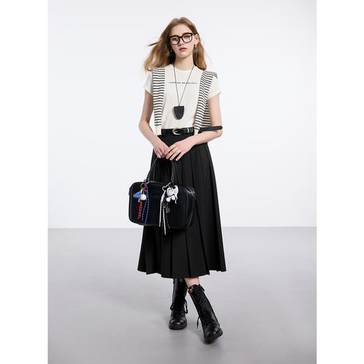 三彩2025春季新款复古高腰长款伞裙百褶裙半身裙A字裙小个子M 商品图2