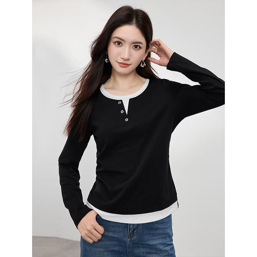 【周四狂欢价】熙世界假两件正肩长袖t恤春季2025年新款撞色圆领修身体恤上衣 商品图2