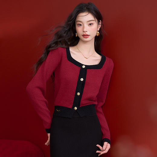 法式复古撞色小香风针织衫女方领高弹软糯内搭上衣V0150001 商品图4