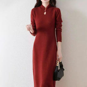 新中式气质国风，时尚开叉打底长裙纯羊毛针织连衣裙Y2470