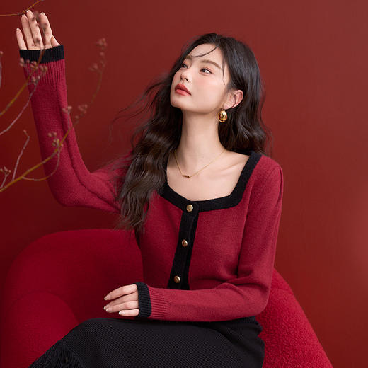 法式复古撞色小香风针织衫女方领高弹软糯内搭上衣V0150001 商品图3