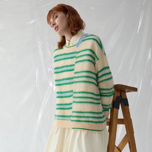 谜底圆领套头针织衫长袖2025春新品蓬松条纹宽松毛衫女251MZ0392 商品图1
