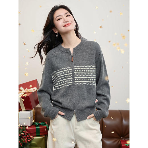 【1件65折】熙世界新年红色费尔岛毛衣开衫风秋冬设计感双拉链针织短外套 商品图2